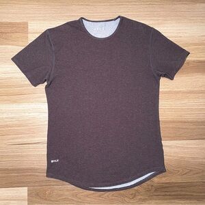 BYLT Basics Shirt Mens M Gray Red Stripe Drop Cut Lux Blend Essential Modern Tee